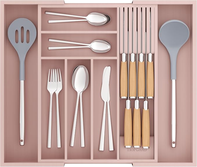 Bamboo-Silverware-Drawer-Organizer-Kitchen, Expandable Utensil Holder Cutlery by TIOPGHAD