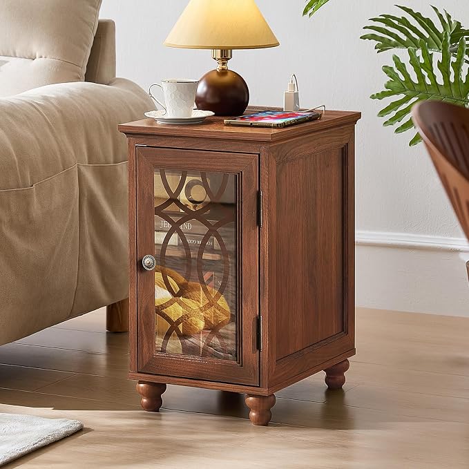 Narrow Side Table with Charging Station Set of 2, Night Stand with Glass Door - Image 2
