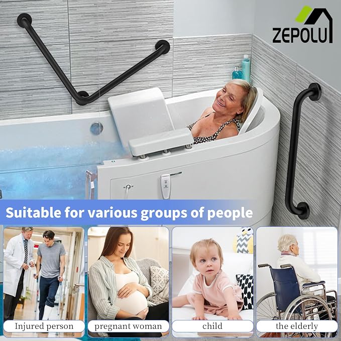 L-Shaped Shower Grab Bar 16x16 Inch, Zepolu Stainless Steel Matte Black Safety - Image 4
