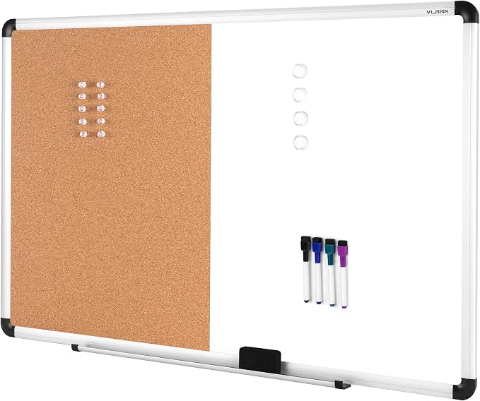 VUSIGN White and Cork Board Combination, Wall Mounted Notice Bulletin by VUSIGN