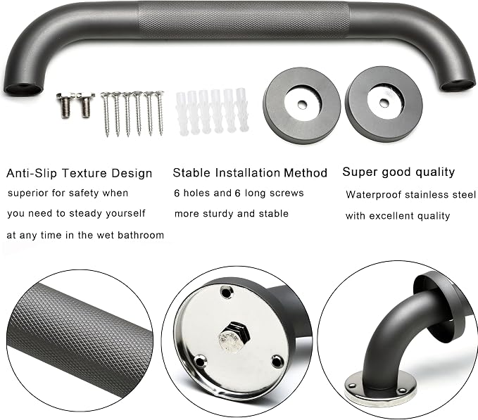 Shower Grab Bar, 2 Pack 12 Inch Gray Bathroom Grab Bar, 1.25" Diameter 304 - Image 3