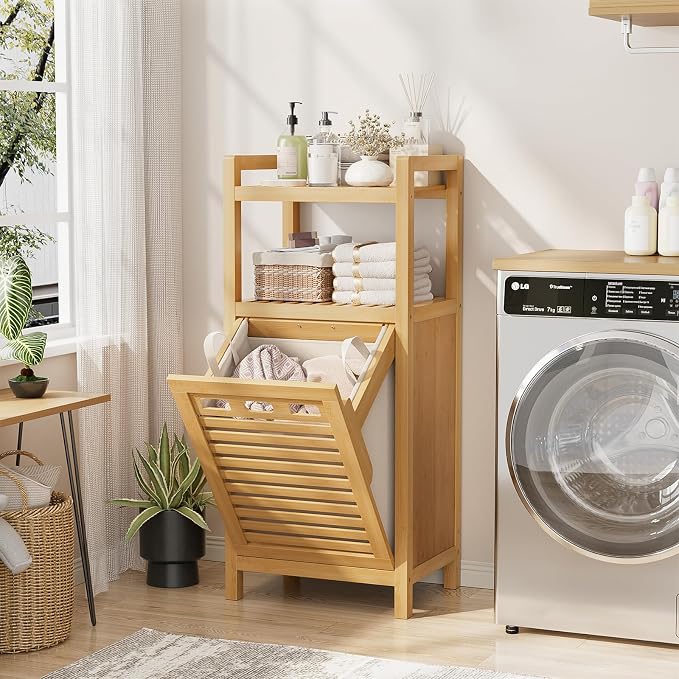 Homykic Tilt Out Laundry Hamper, 10 Gal Bamboo Laundry Storage Cabinet - Field & Grace