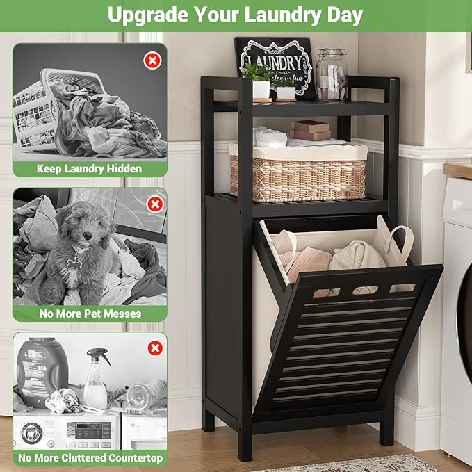 Homykic Tilt Out Laundry Hamper, 10 Gal Bamboo Laundry Storage Cabinet - Field & Grace