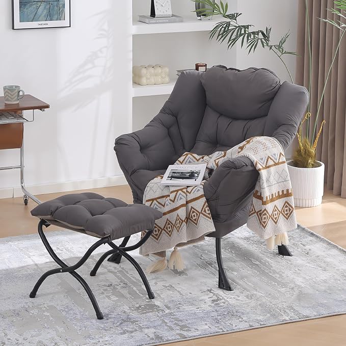Lazy Chair with Folding Ottoman, Modern Accent Lounge Armchair with Armrests by MBOOYOME