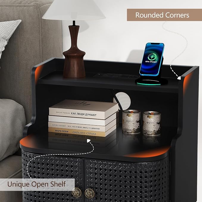 Metal Rattan End Table with Charging Station, Mid Century Modern Nightstand - Image 6