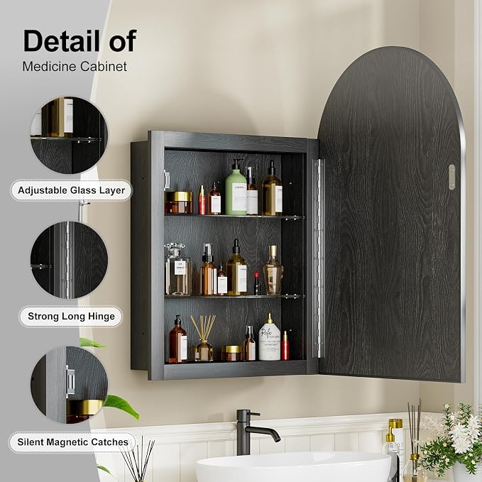Recessed Medicine Cabinet for Bathroom, Brushed Black Arched Medicine Cabinet - Image 4
