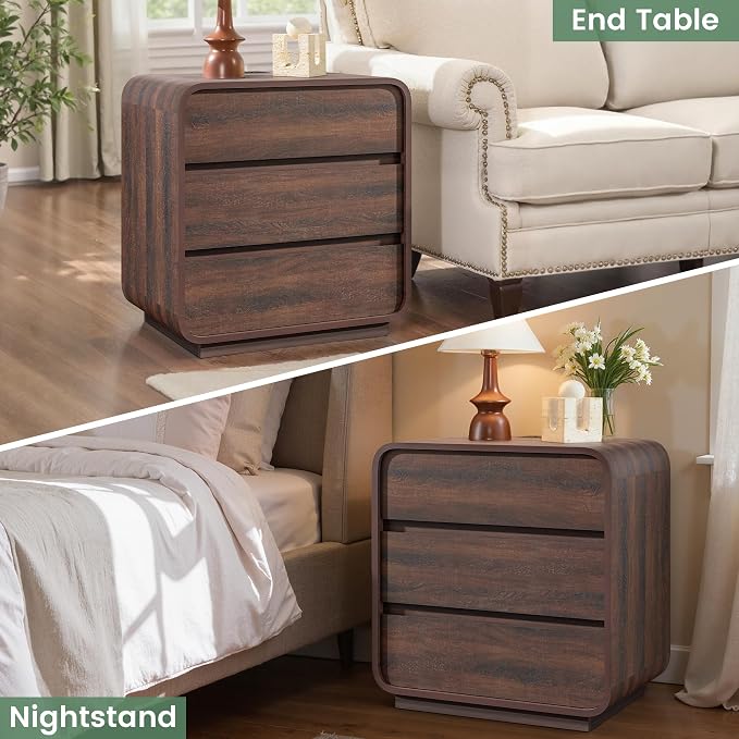 Walnut Curved Nightstand Set of 2, 23.2" Wide Wood Bedside Table - Image 8