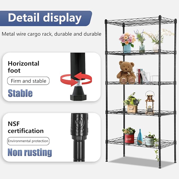 FDW 5 Tier 22L x 12W x 48H Pantry Shelves Adjustable Storage Rack Metal Shelf - Image 5