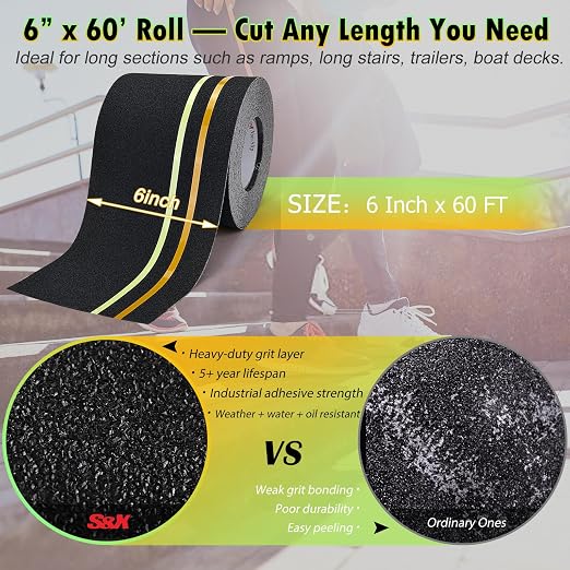 S&X Heavy Duty Anti Slip Tape 6 Inch x 60 Ft, High Traction Non Skid Grip Tape - Image 3