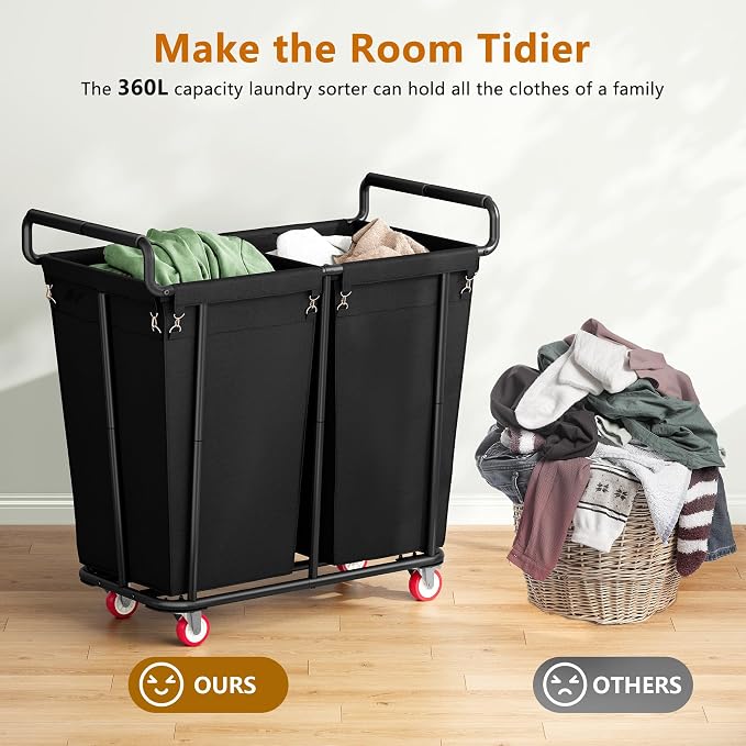 Large laundry hamper with Wheels, 2 Bag 360L Big Rolling Laundry Basket Sorter - Field & Grace
