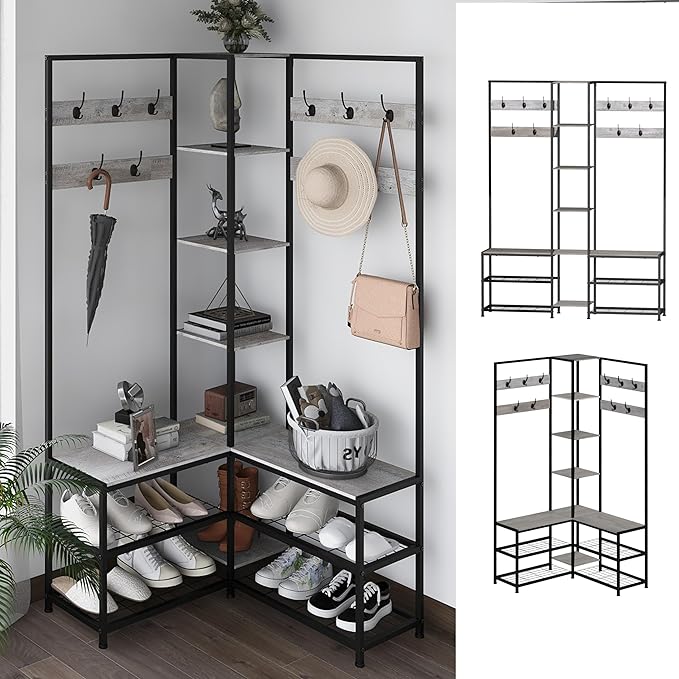 GiftGo Corner Hall Tree with Shoe Rack Storage Bench Display Open Shelves by GiftGoDirect