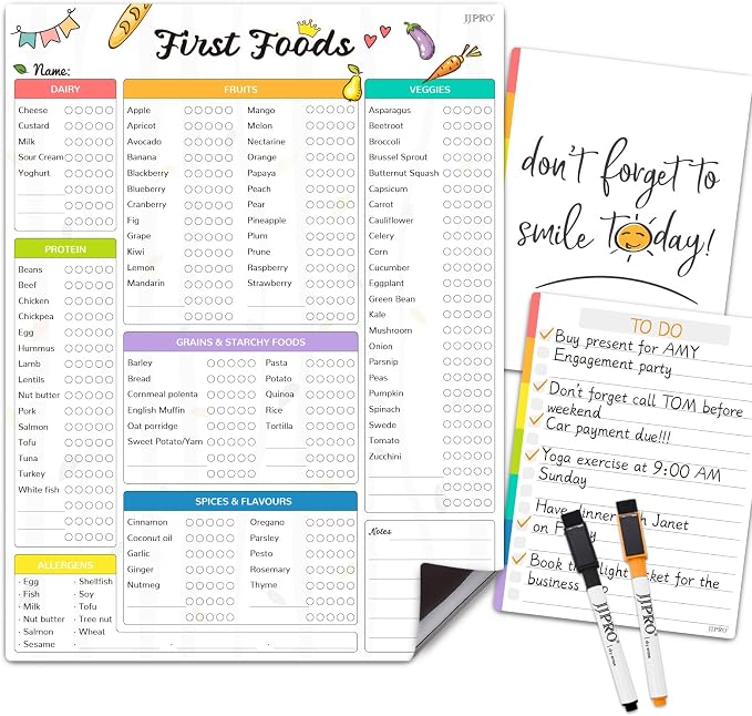 Newborn Baby or Toddler First Foods Tracker Whiteboard-Magnetic Dry Erase Daily by JJPRO