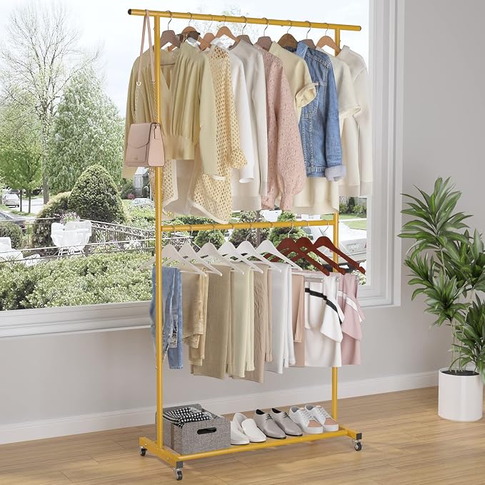 Sywhitta Double Rod Clothing Garment Rack, Rolling Clothes Organizer on Wheels - Image 3