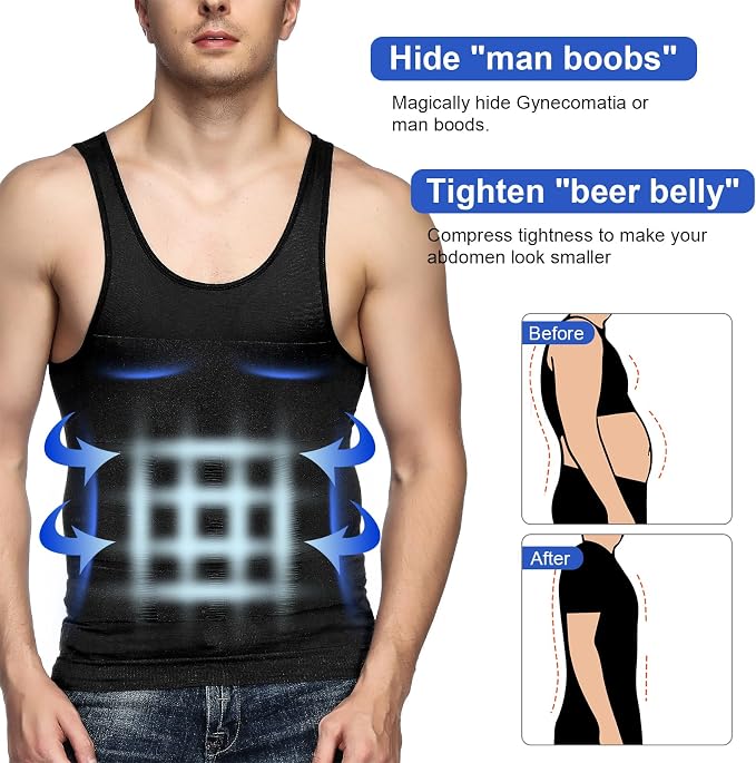 Odoland Mens 3 Pack Body Shaper Slimming Tummy Vest Thermal Compression Shirt - Image 3