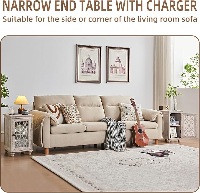 Narrow Side Table with Charging Station Set of 2, Night Stand with Glass Door - Image 7