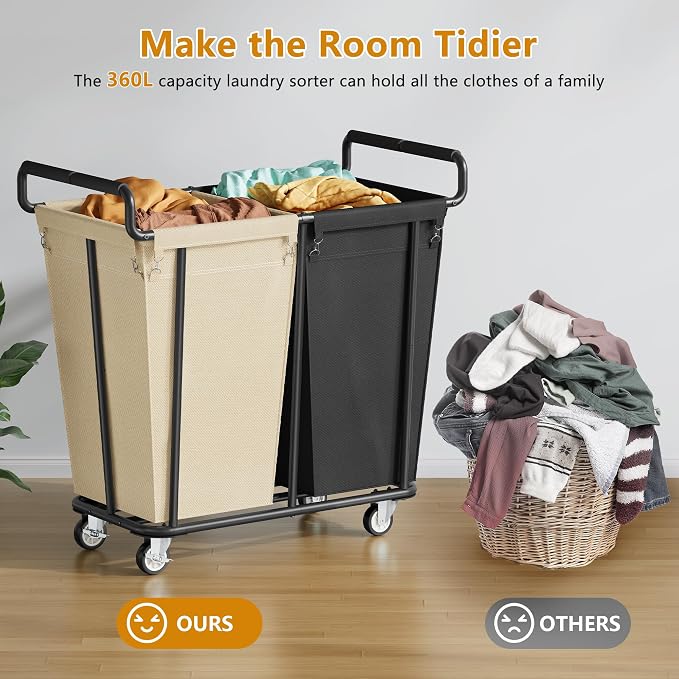 Large laundry hamper with Wheels, 2 Bag 360L Big Rolling Laundry Basket Sorter - Field & Grace