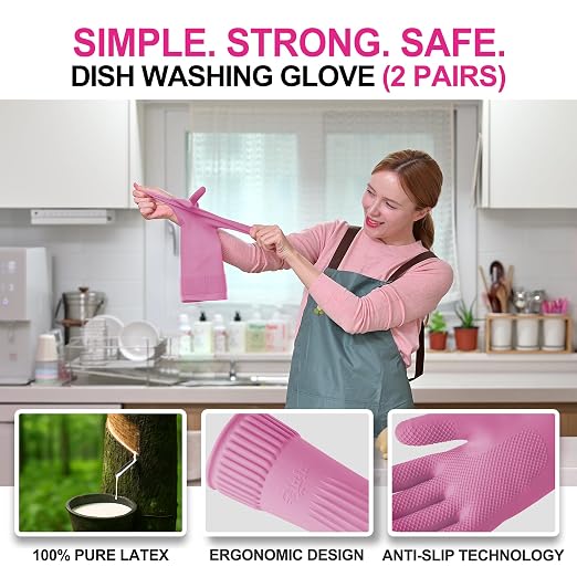 Mamison 2 Pairs Reusable Waterproof Household Dishwashing Cleaning Rubber Gloves - Image 2