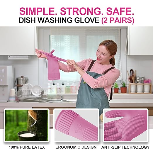 Mamison 2 Pairs Reusable Waterproof Household Dishwashing Cleaning Rubber Gloves - Image 2
