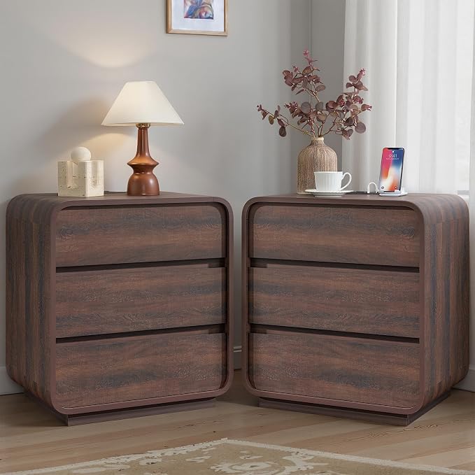Walnut Curved Nightstand Set of 2, 23.2" Wide Wood Bedside Table by StandifurnoFurniture