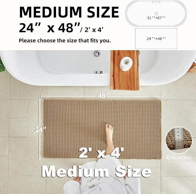 Waffle Bath Mat, Boho Bathroom Rugs Non Slip Washable Super Absorbent Quick Dry - Image 2