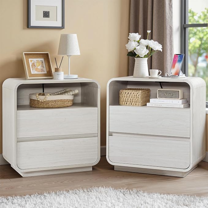 White Nightstand Set of 2 with Charging Station, 23.2" Wide Wood Bedside Table by StandifurnoFurniture
