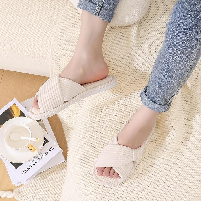 Evshine Fall House Slippers for Women Corduroy Cross Bow Indoor Slippers Open - Image 2