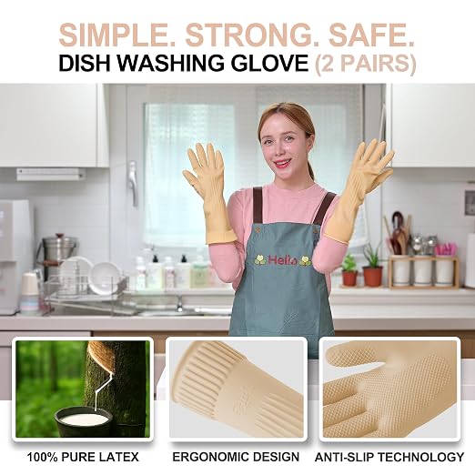 Mamison 2 Pairs Reusable Waterproof Household Dishwashing Cleaning Rubber Gloves - Image 2
