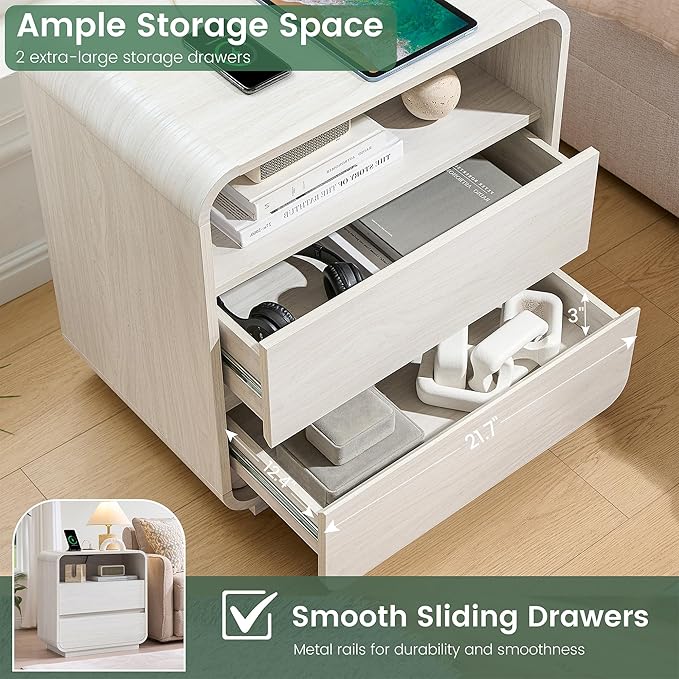 White Nightstand Set of 2 with Charging Station, 23.2" Wide Wood Bedside Table - Image 4