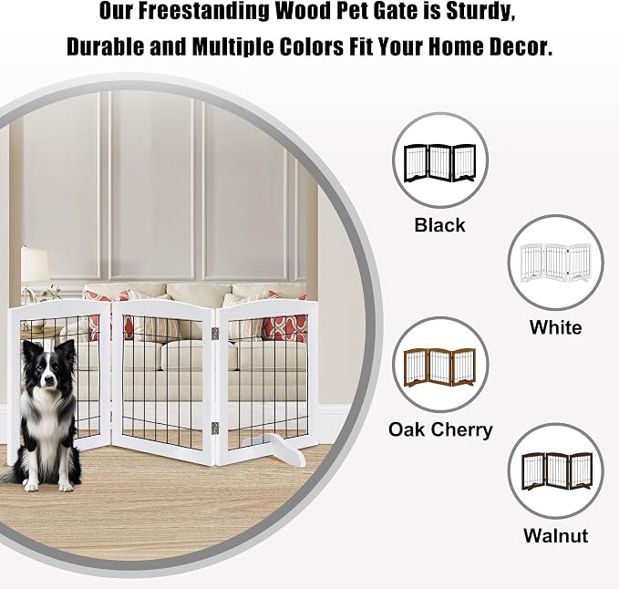 LZRS 3-Panel Freestanding Adjustable Wooden Dog Gate—30" Tall Foldable Pet - Image 4