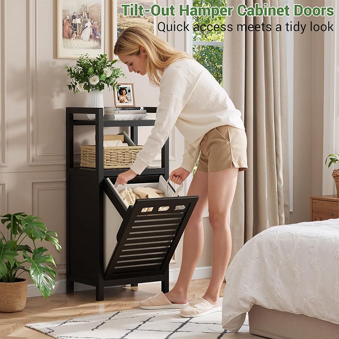 Homykic Tilt Out Laundry Hamper, 10 Gal Bamboo Laundry Storage Cabinet - Field & Grace
