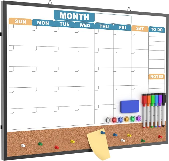 Monthly Calendar Dry Erase Board 24x18 Inch, Double-Sided Whiteboard and by HLF-ho