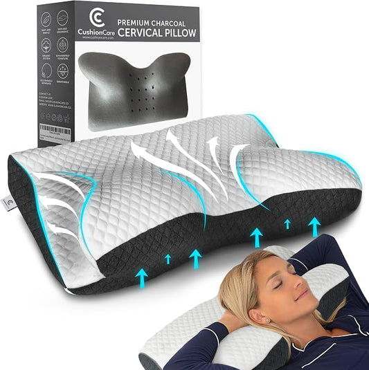 Charcoal Pillow for Neck and Shoulder Pain Relief – Bamboo Charcoal Memory Foam by CushionCare