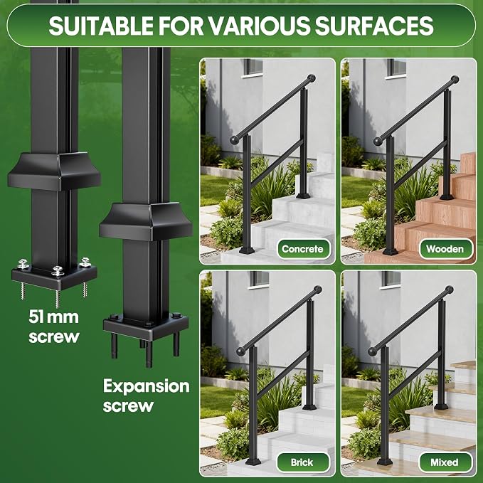 4-Step Outdoor Stair Handrail Kit, Heavy Duty Aluminum Alloy Adjustable Height - Image 6