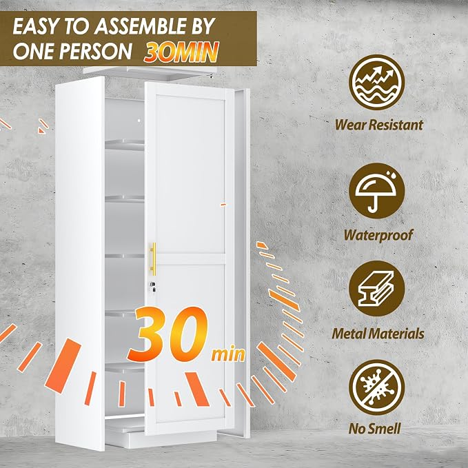 67" Metal Storage Cabinet with Lock, Tall Narrow Office File Cabinets with 5 - Image 7