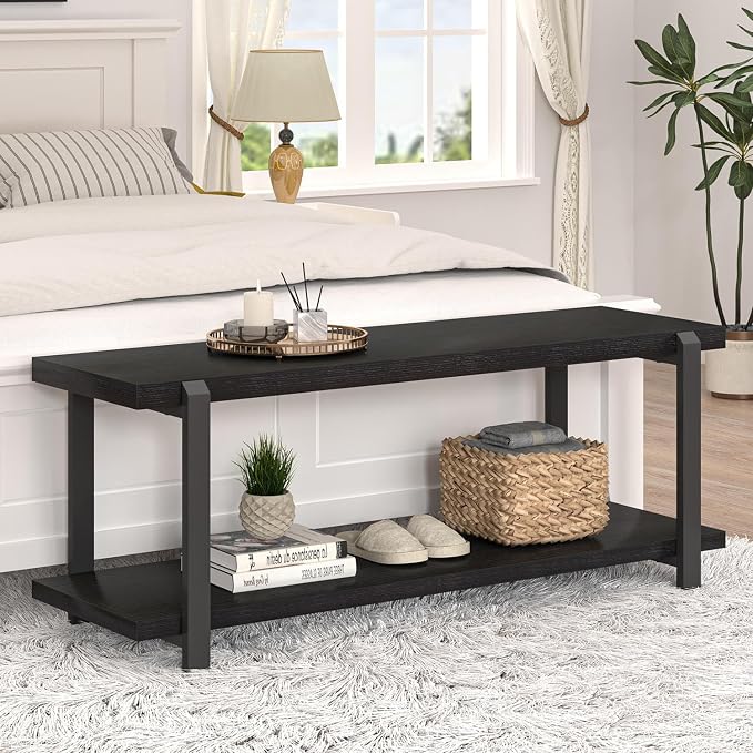 EXCEFUR Entryway Bench, Modern Wood and Metal Storage Bench - Image 3