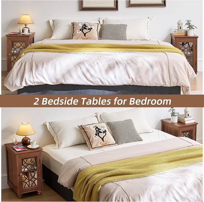 Narrow Side Table with Charging Station Set of 2, Night Stand with Glass Door - Image 9