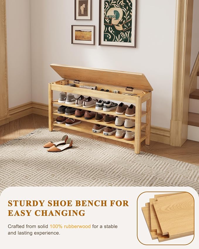 Shoe Rack Bench Seat Rubberwood 3-Tier Wooden Storage Bench 550lbs Compact - Image 5