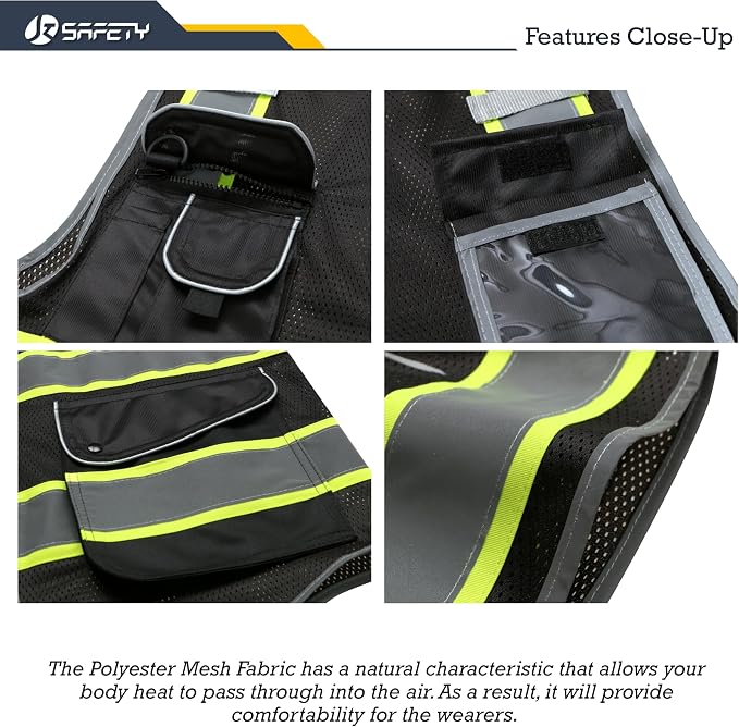 JKSafety 9 Pockets High Visibility Zipper Front MESH Black Safety Vest | Black - Image 2
