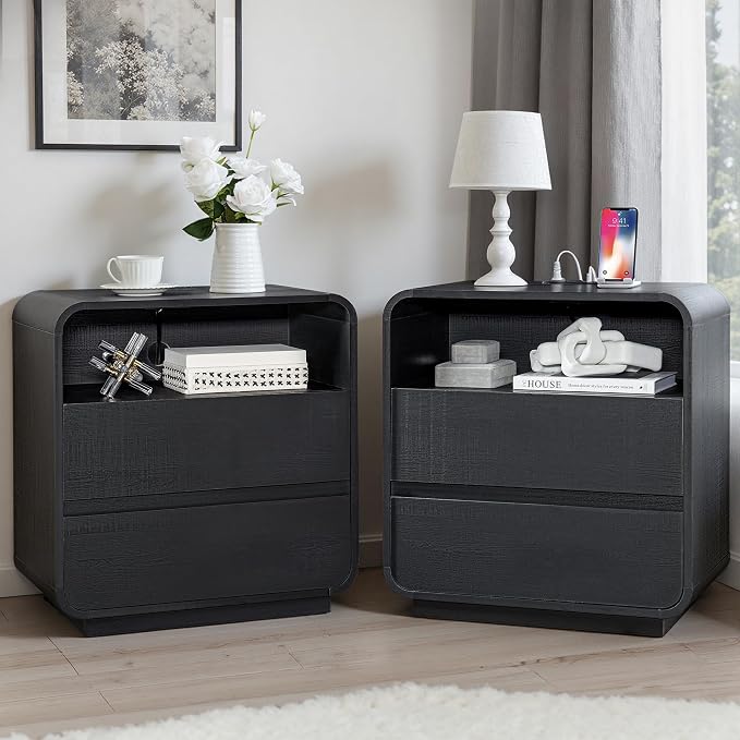 Black Nightstand Set of 2 with Charging Station, Modern Night Stand with 2 by StandifurnoFurniture