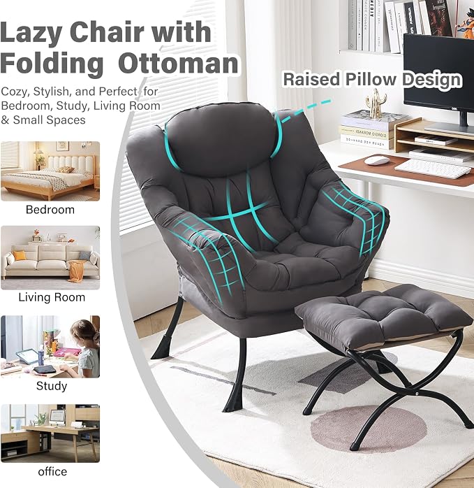 Lazy Chair with Ottoman, Modern Chair with Folding Footrest, Lounge Accent Chair - Image 6