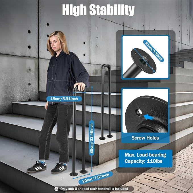 Stair Handrail Matte Black U-Shaped Industrial Wrought Iron Railing Non-Slip - Image 4