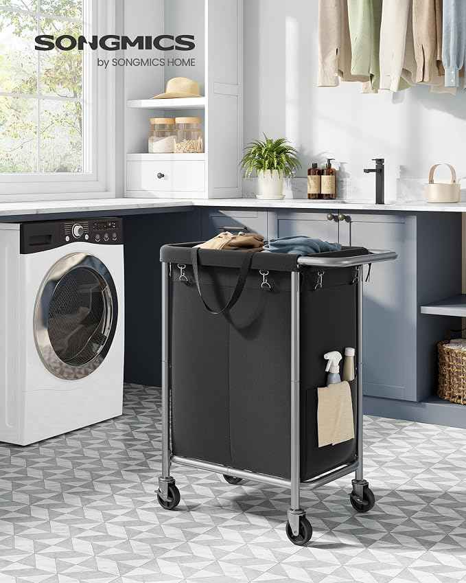 SONGMICS Laundry Basket with Wheels, 2-Section Rolling Laundry Hamper, 37