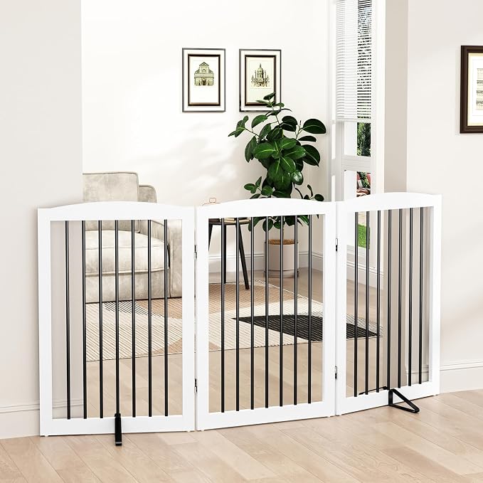 Freestanding Pet Gate for Dogs, Foldable Wooden Dog Gate for House Indoor by PUPETPO