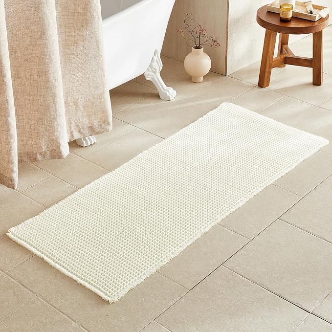 Cream White Long Bathroom Rugs, Waffle Runner Rug Bathroom Non Slip Washable by TYUU
