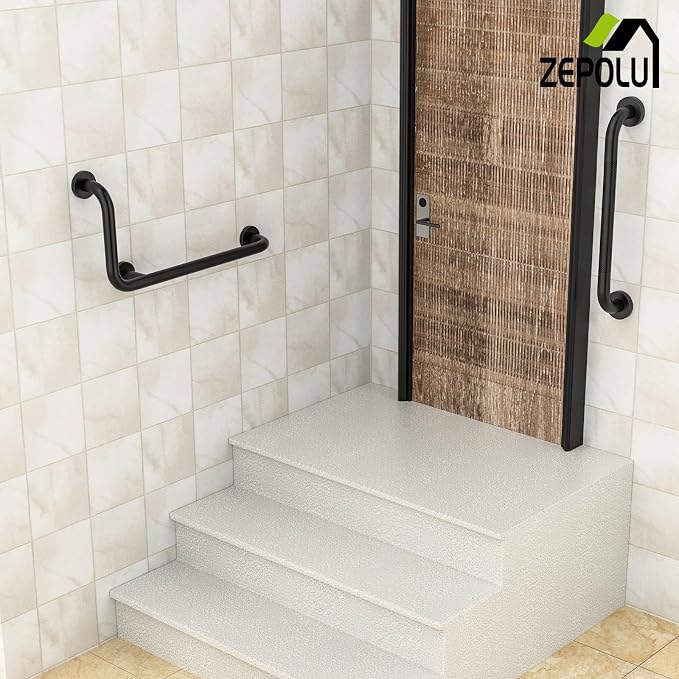 Black L-Shaped Grab Bar 12x24 Inch + Knurled Shower Grab Rail 20 Inch, Zepolu - Image 5