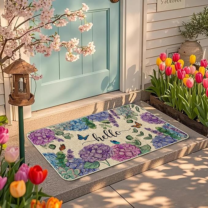 Welcome Spring Door Mat Hydrangea Flowers Doormat Indoor Outdoor Entrance - Image 5