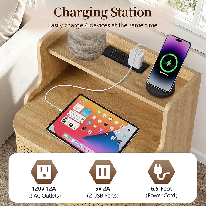 Metal Rattan End Table with Charging Station, Mid Century Modern Nightstand - Image 6
