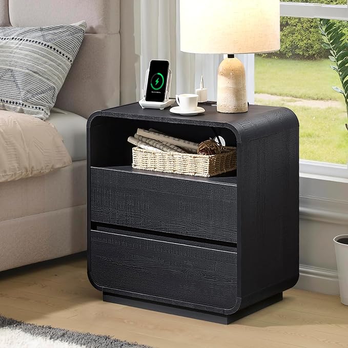 Black Nightstand Set of 2 with Charging Station, Modern Night Stand with 2 - Image 4