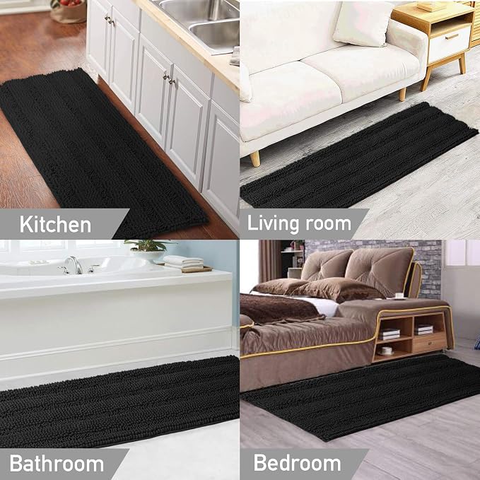 Turquoize Non Slip Black Bathroom Rug Extra Long Chenille Bath Rug 47x17 Super - Image 6