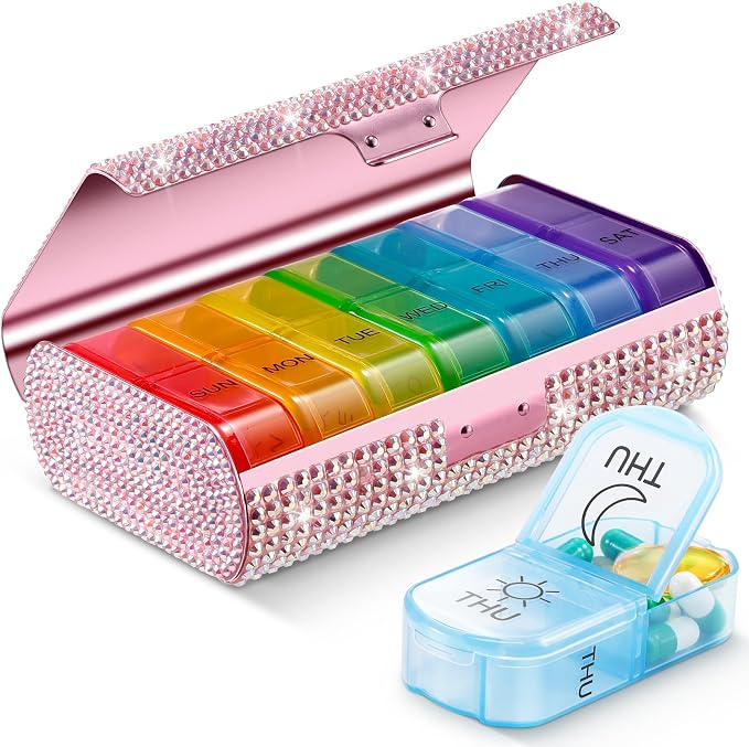 Zannaki Bling Metal XL Weekly Pill Organizer 2 Times a Day, Large Travel Daily by Zannaki